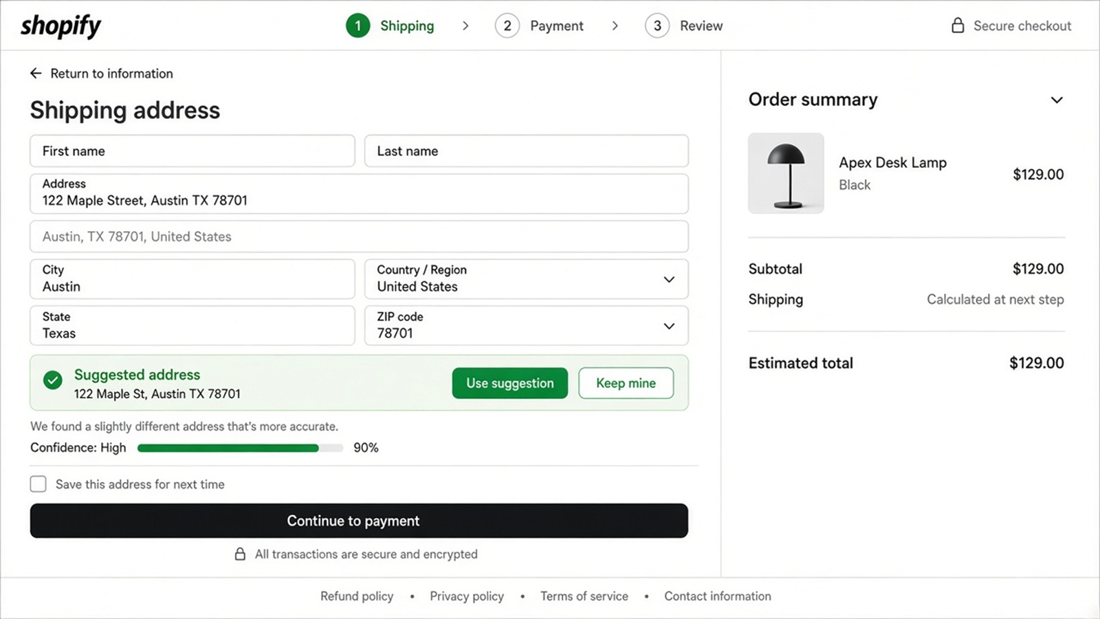 Shopify checkout with an AddressVerify suggested address