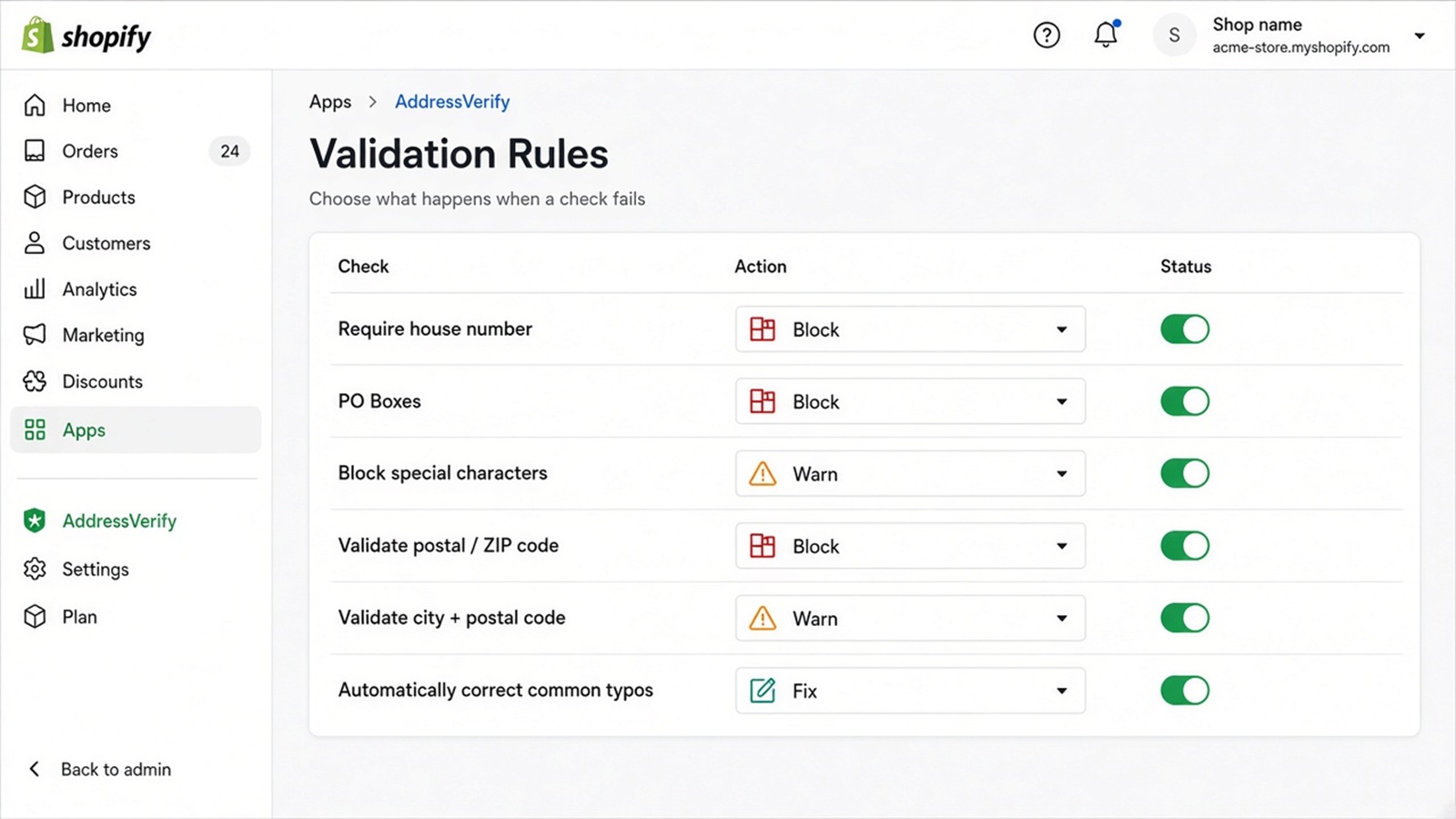 AddressVerify validation rules with Allow Warn Fix Block Review actions