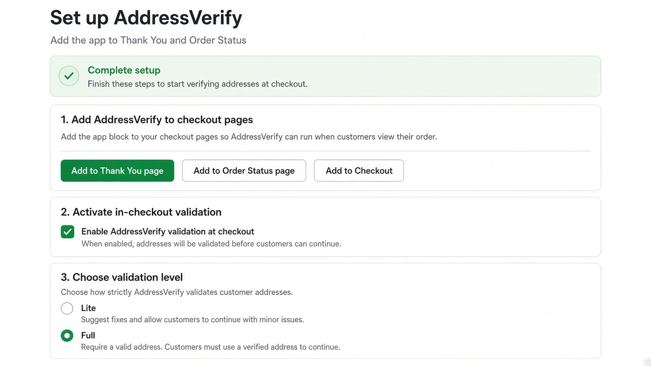 AddressVerify setup screen with Thank You, Order Status, and Lite or Full validation